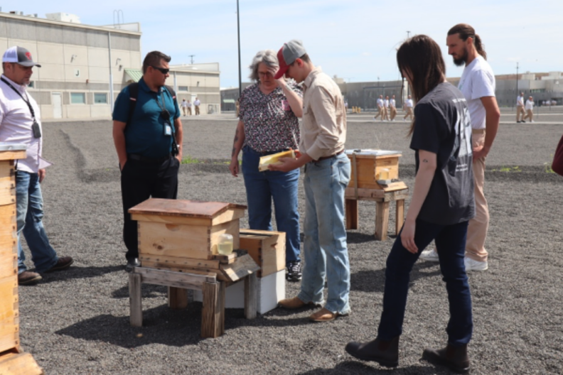 people standing in outside next to a honey bee hive 